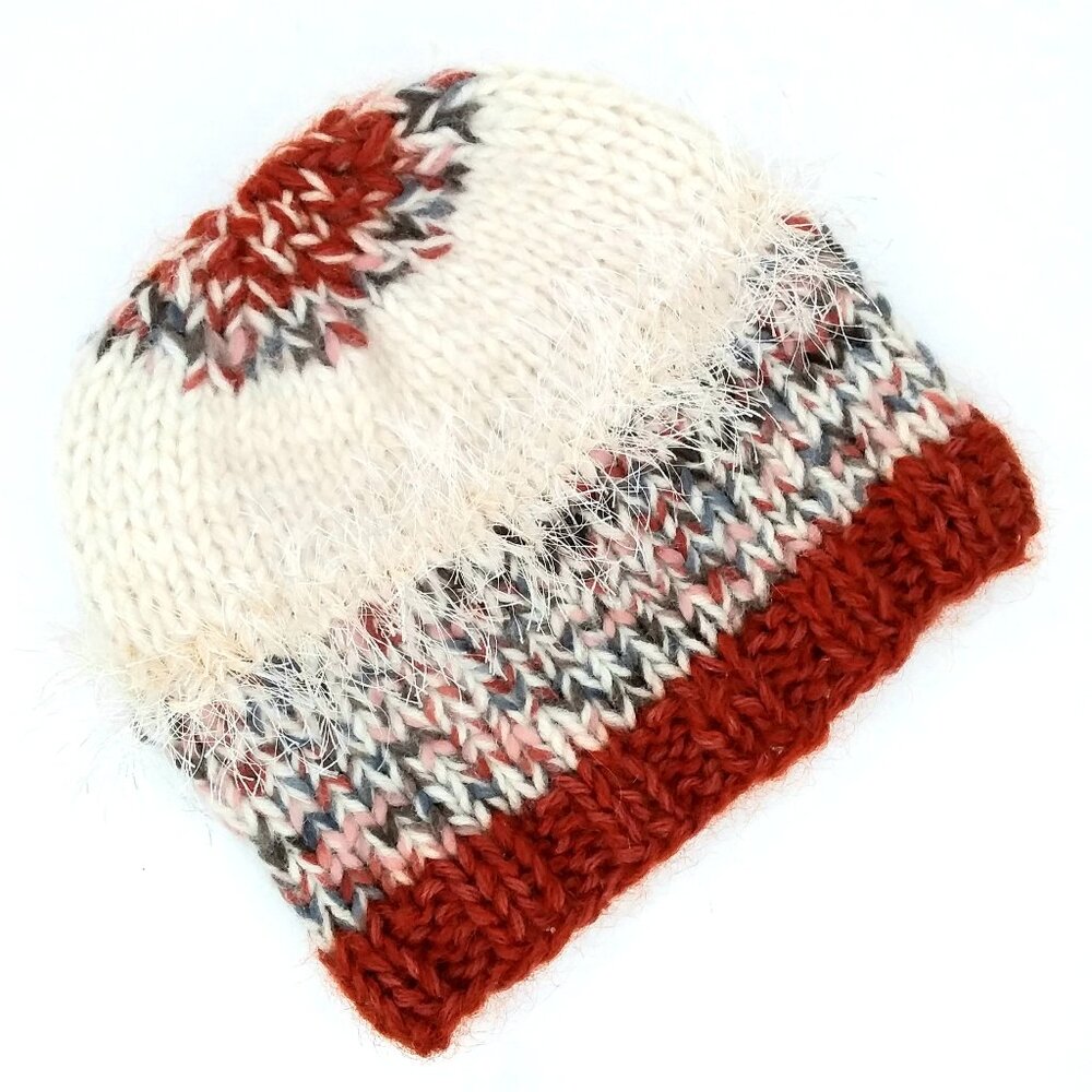 Handmade Beanie Knit Wool Blend Ivory Brick Red Multi Eyelash Detail Winter
